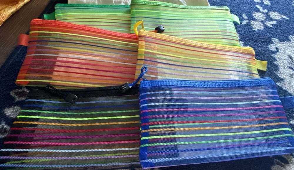 Set of 6 Multi-Colored Striped Mesh Zippered Pencil Pouches‎